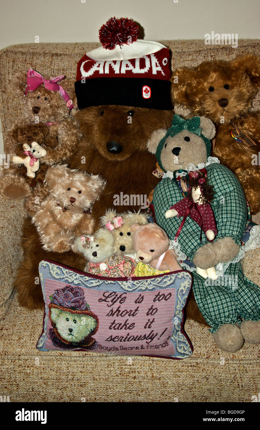 Teddy bear wearing official 2010 Winter Olympics Hudson's Bay toque with family Stock Photo