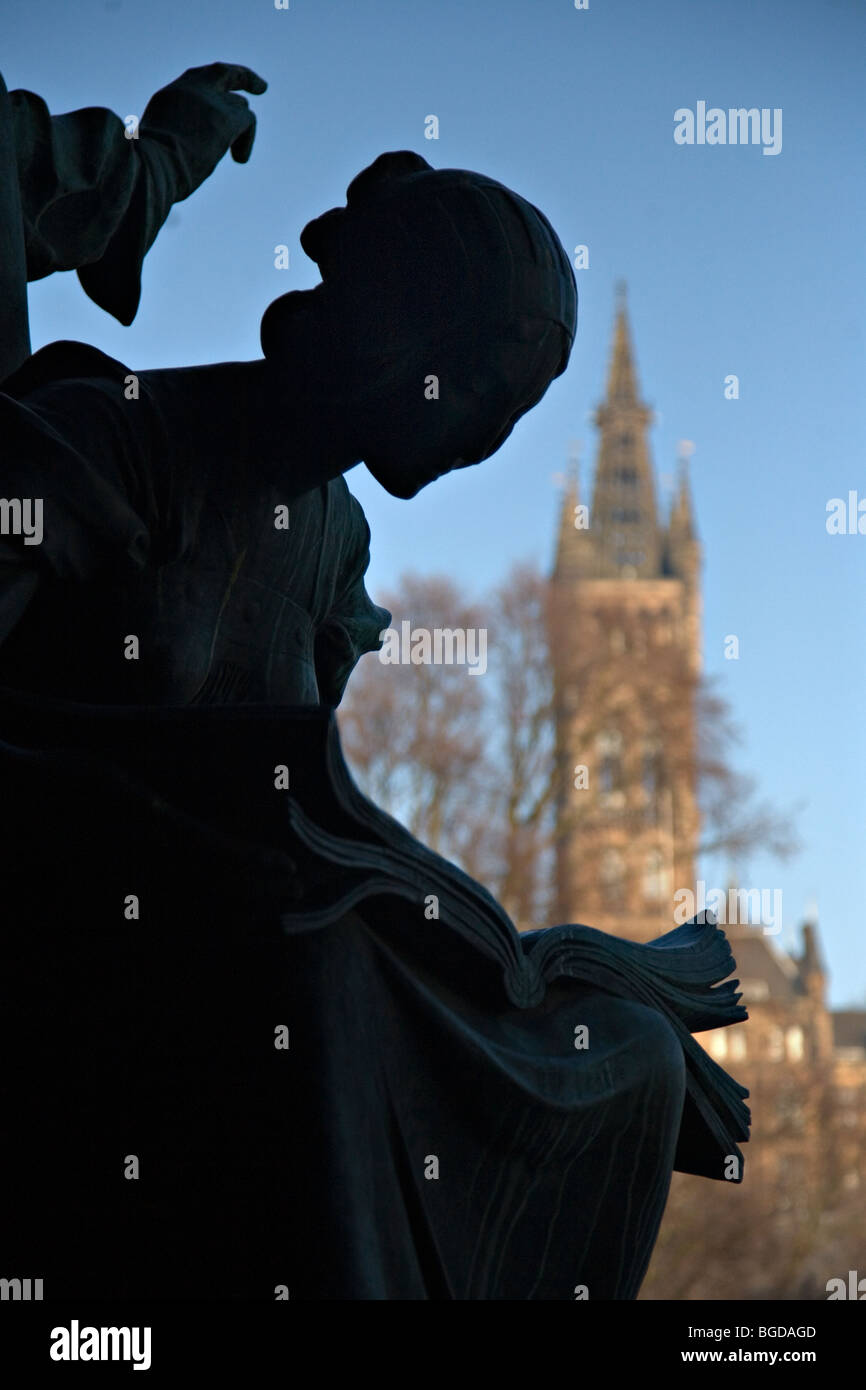 glasgow university seen past a statue at the kelvingrove museum and art galleries in glasgow Stock Photo
