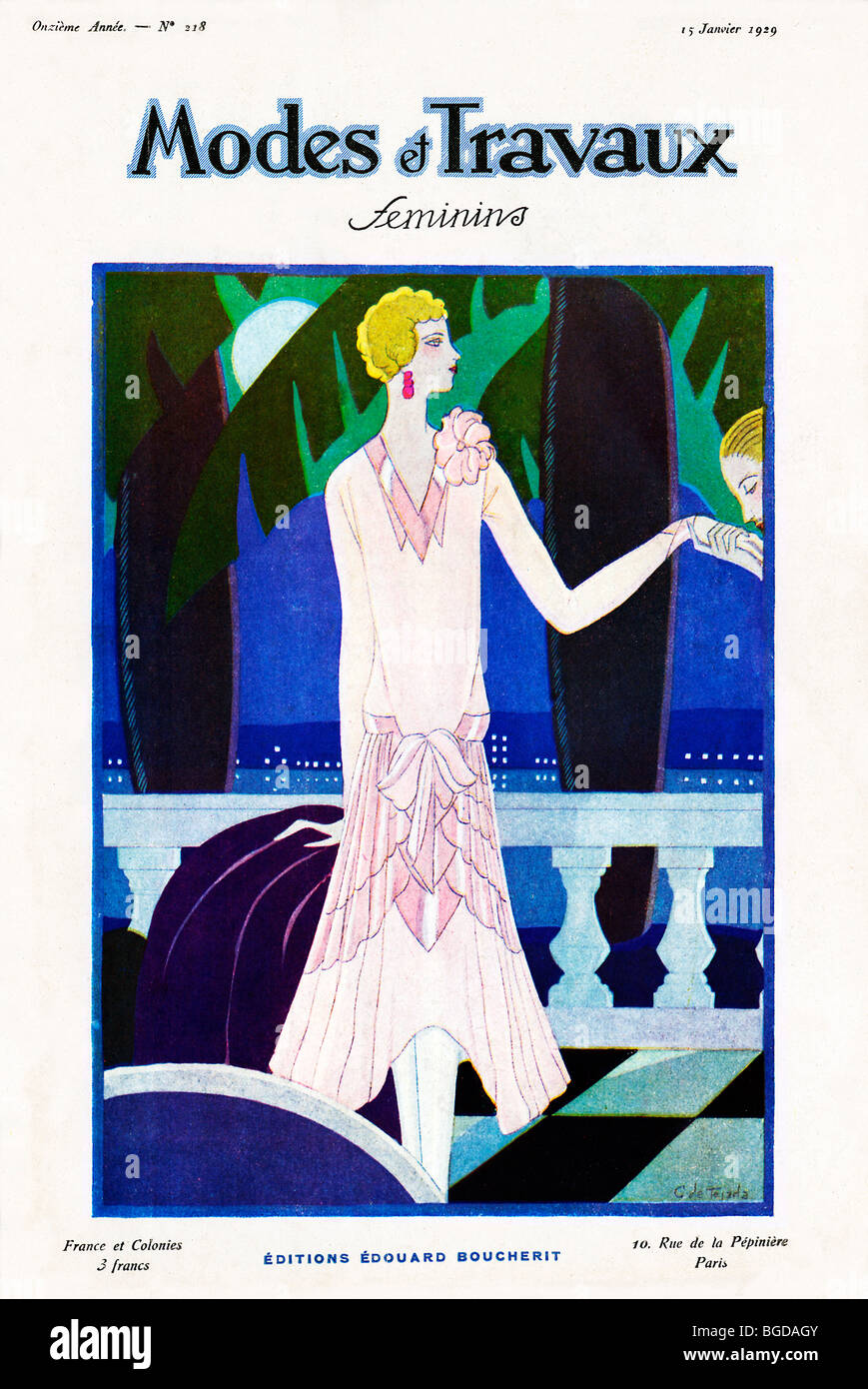 Modes Et Travaux, Jan 1929 cover of the French fashion magazine, a lady on the Riviera has her hand gallantly kissed Stock Photo