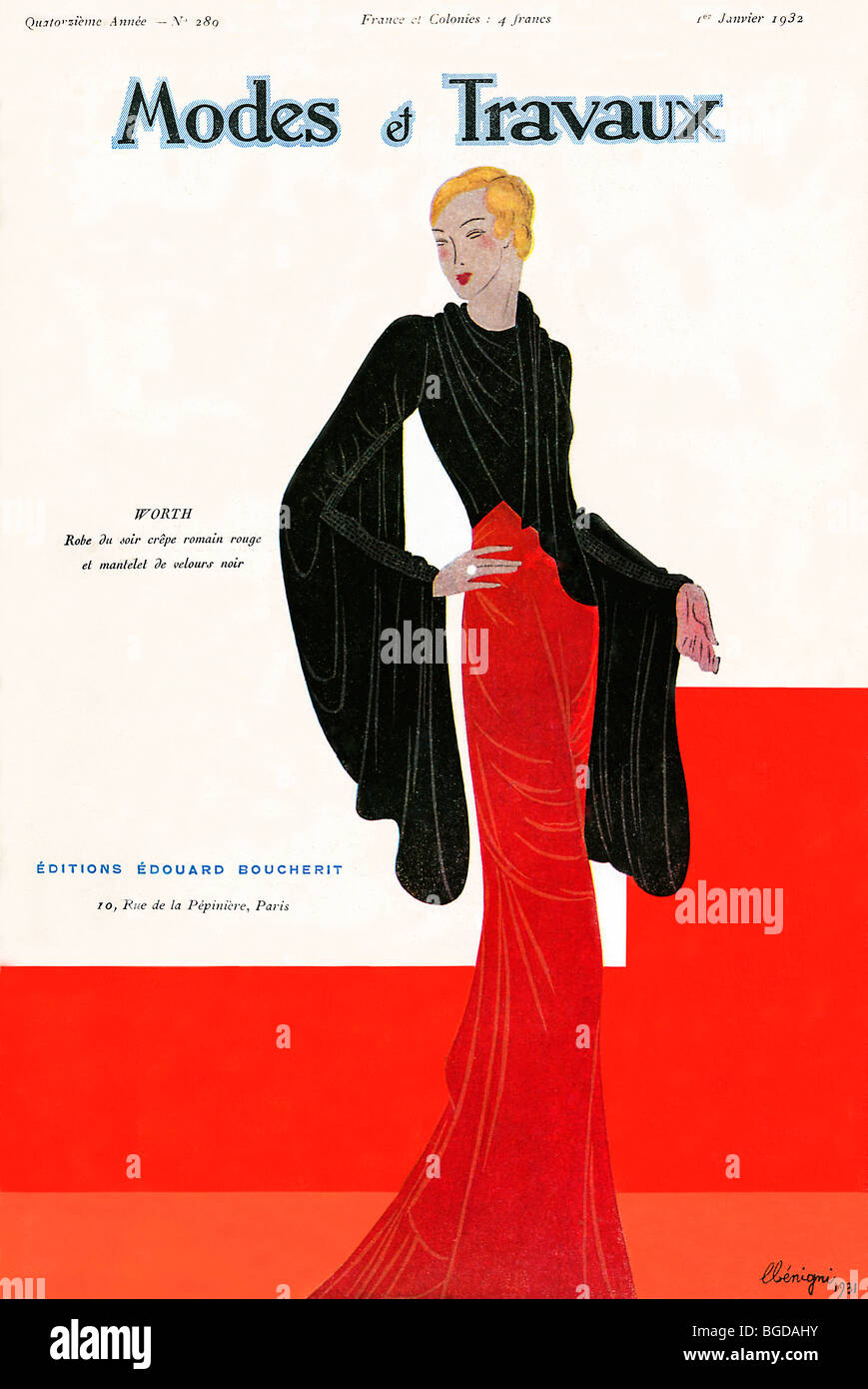 Modes Et Travaux, Jan 1932 cover of the French fashion magazine, a superb evening gown in black and red by Worth Stock Photo