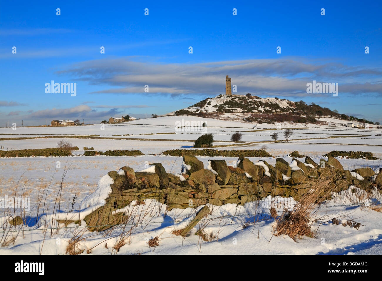 snow covered fields below Jubilee Tower, Castle Hill, Huddersfield, West Yorkshire, England, UK. Stock Photo