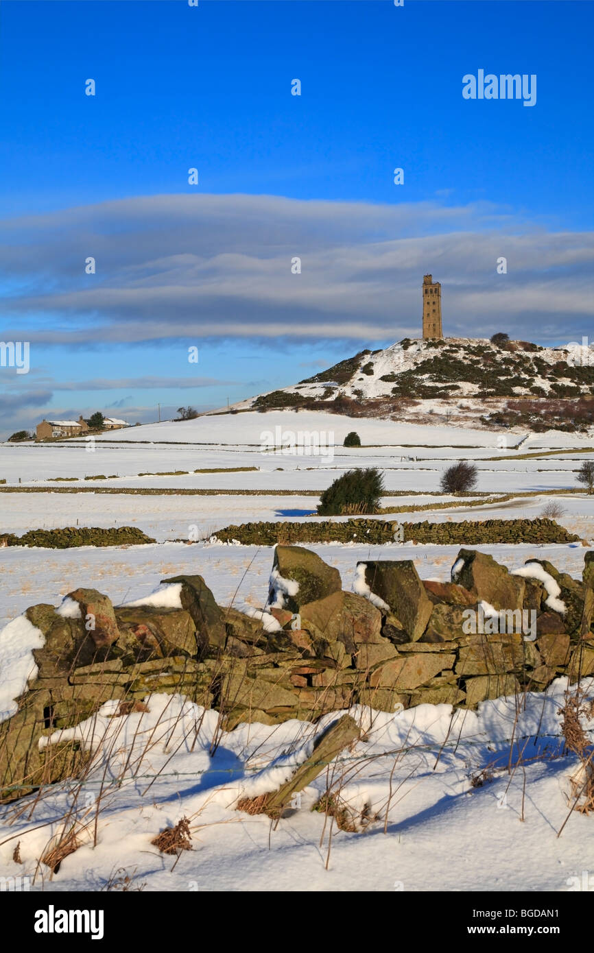 snow covered fields below Jubilee Tower, Castle Hill, Huddersfield, West Yorkshire, England, UK. Stock Photo