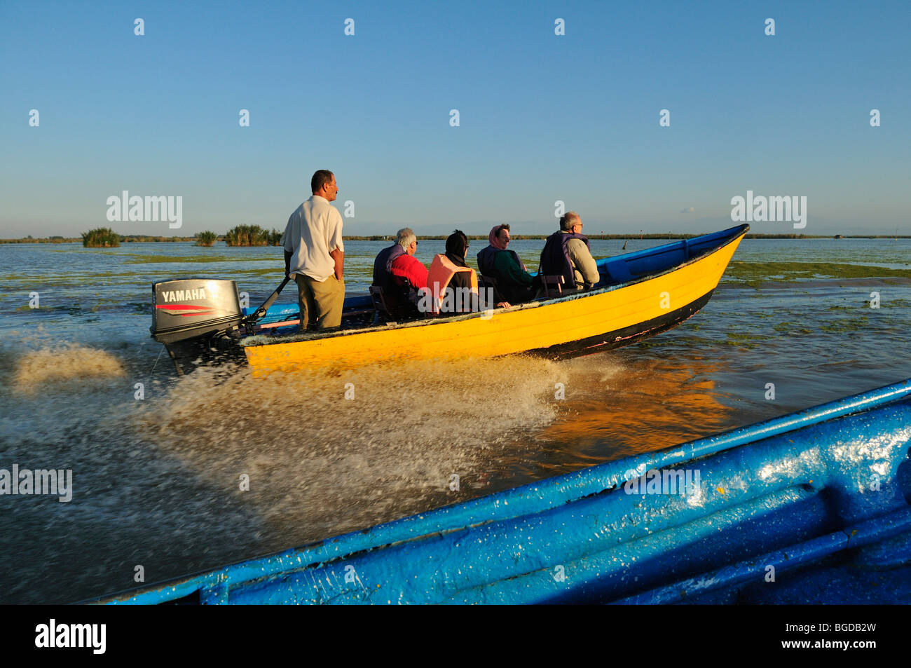 Tourists in a boat at Anzali Lagoon, Bandar-e Anzali, Caspian Sea, Gilan, Iran, Asia Stock Photo