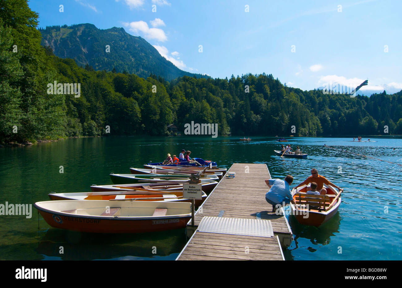 Freibergsee lake with Heini-Klopfer-Skiflugschanze ski flying hill, Oberstdorf, Allgaeu, Bavaria, Germany, Europe Stock Photo