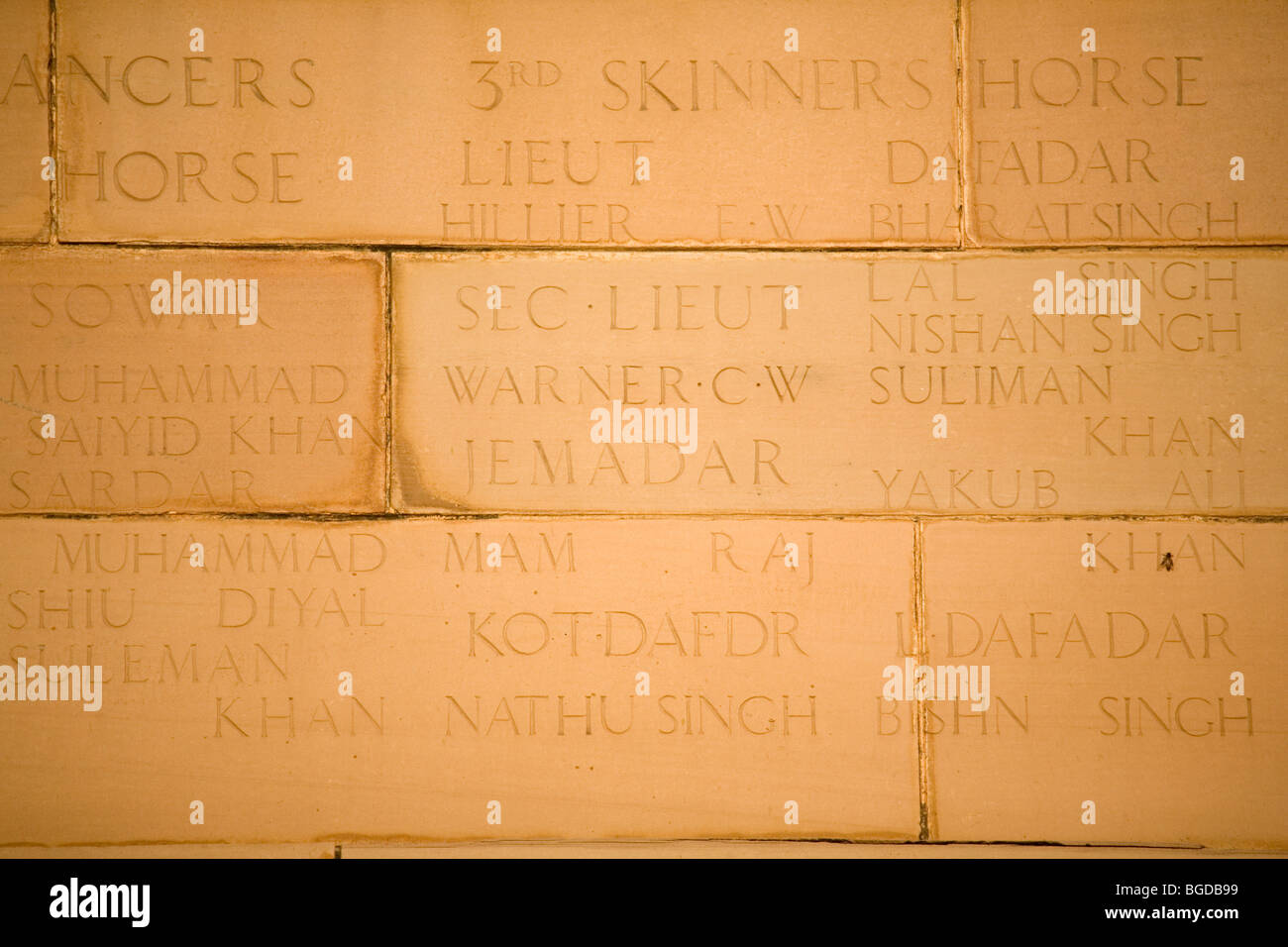 Names of casualties from World War One are inscribed on India Gate in New Delhi, India. Stock Photo
