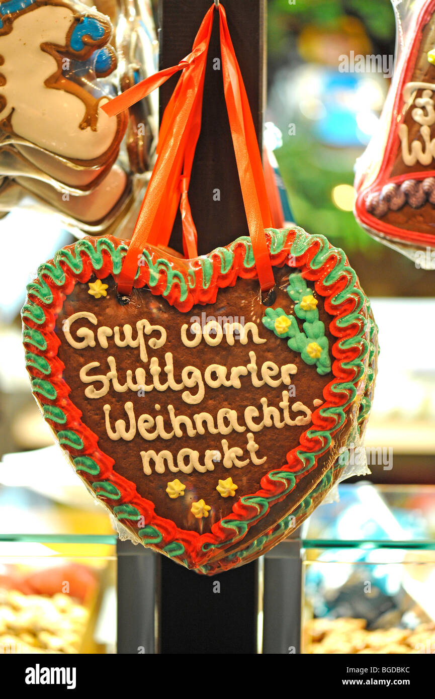 Gingerbread heart with inscription 'Gruss vom Stuttgarter Weihnachtsmarkt', greeting from Stuttgart's Christmas market, Christm Stock Photo