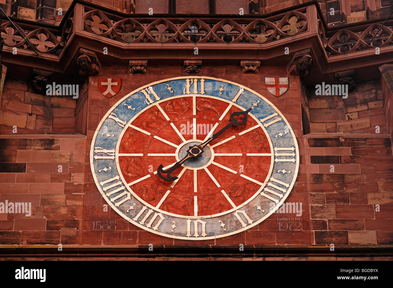Clock tower on Freiburg Minster, Herrenstrasse 36, Freiburg im Breisgau, Baden-Wuerttemberg, Germany, Europe Stock Photo