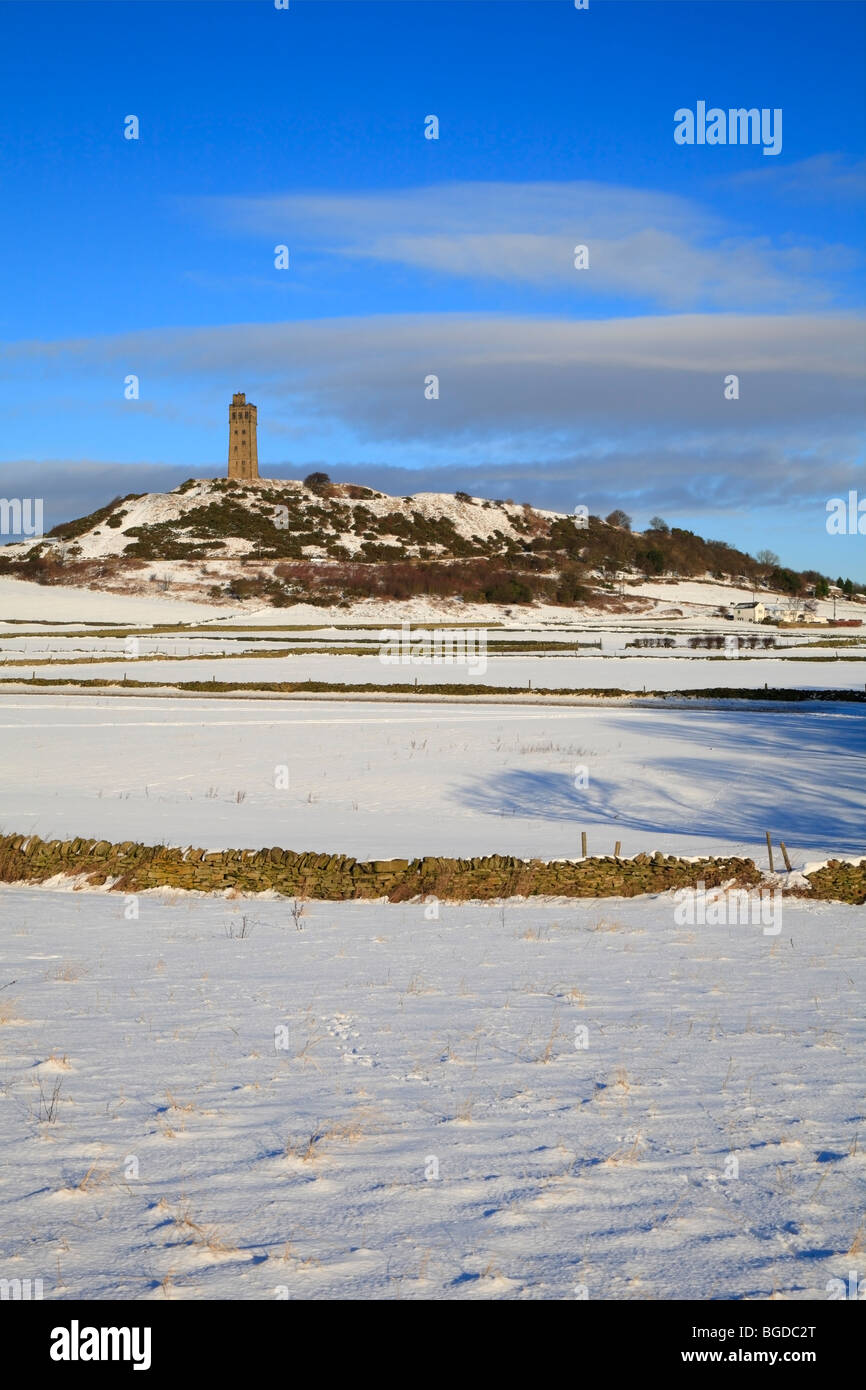 Snow covered fields below Jubilee Tower, Castle Hill, Huddersfield, West Yorkshire, England, UK. Stock Photo
