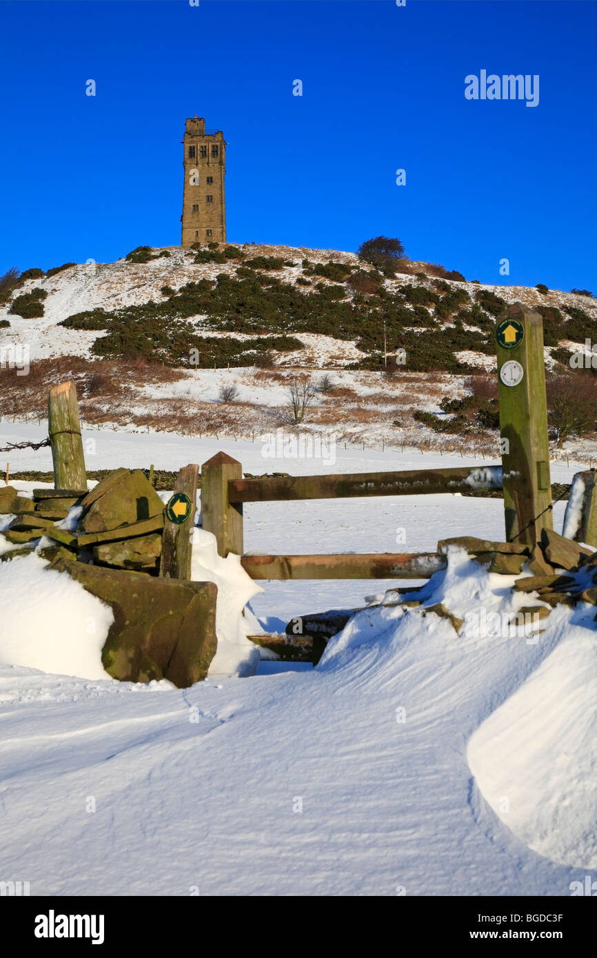 Snow covered fields below Jubilee Tower, Castle Hill, Huddersfield, West Yorkshire, England, UK. Stock Photo