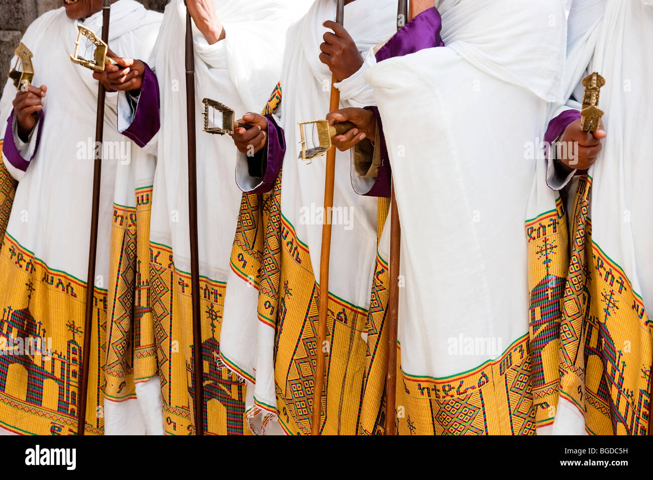 Priests holding sistrums, Timket (celebration of Epithany, Christian Orthodox Church) Addis Ababa, Ethiopia Stock Photo