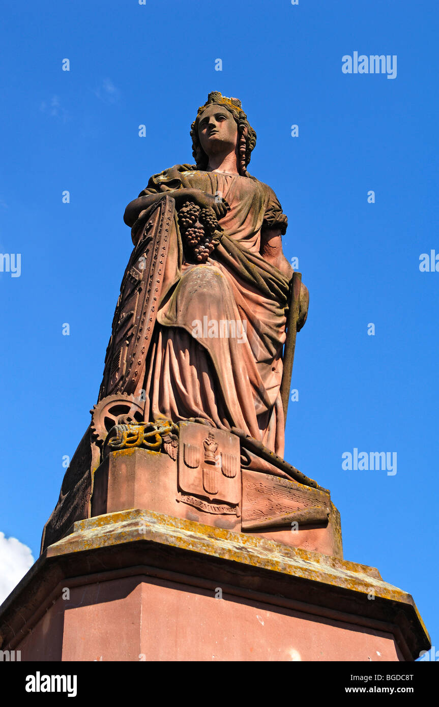 Fountain statue of a wine queen from 1862, Grand'Rue, Ribeauvillé, Alsace, France, Europe Stock Photo