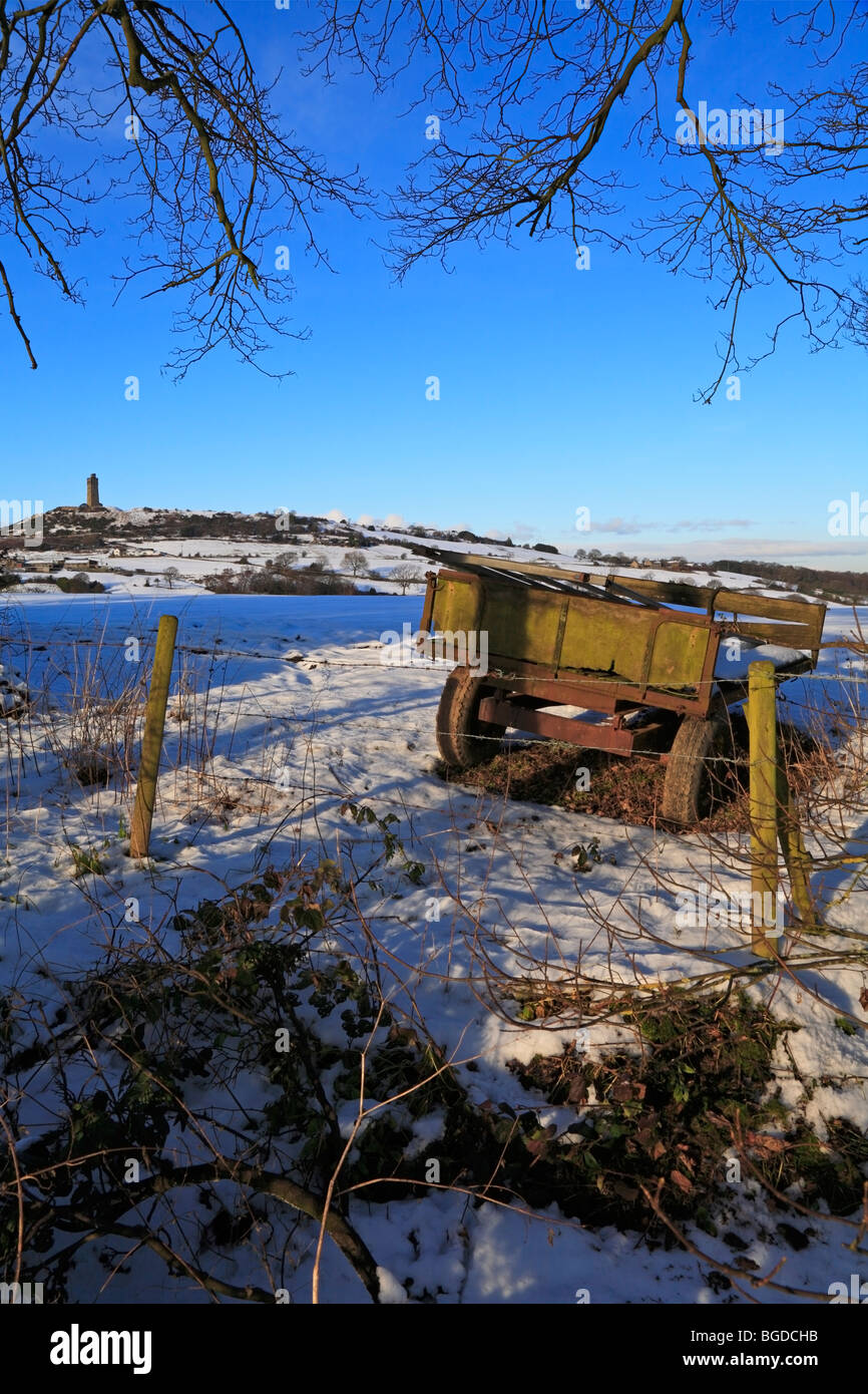 Old farm trailer in a field below Jubilee Tower, Castle Hill, Huddersfield, West Yorkshire, England, UK. Stock Photo