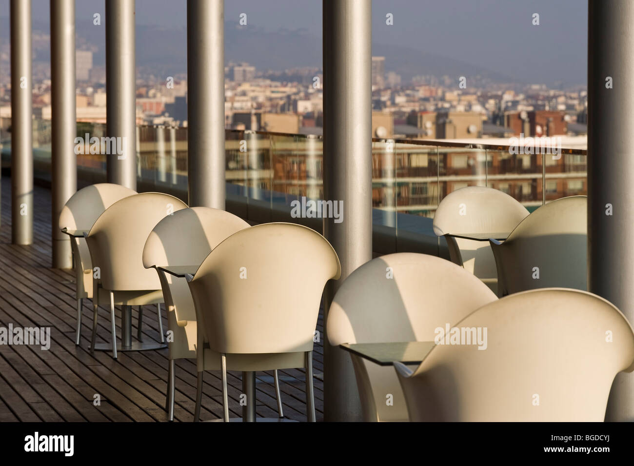 Modern chairs on terrace, Barcelona, Catalonia, Spain, Europe Stock Photo