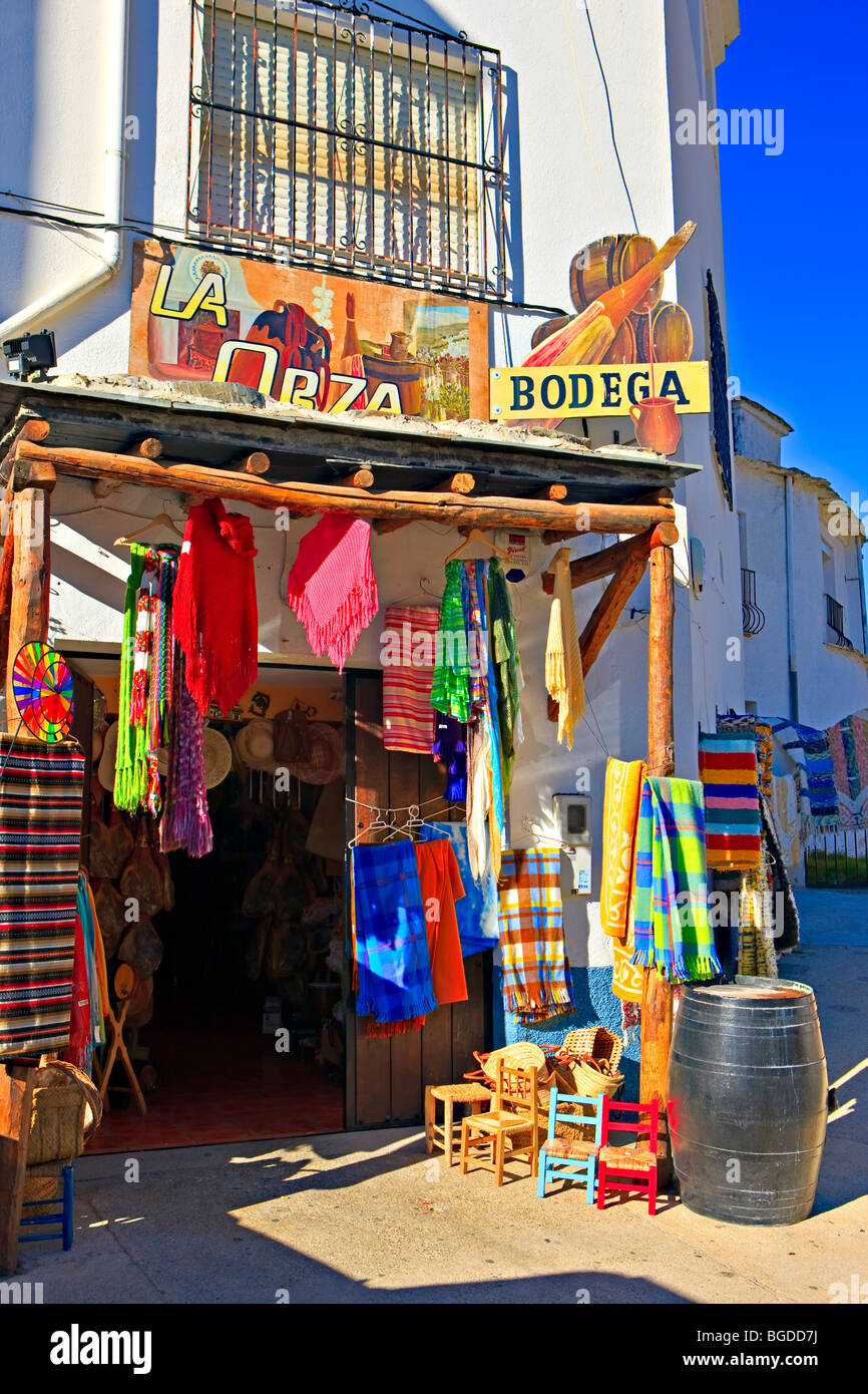 Hand woven blankets and clothing outside La Orza Bodega and gift store
