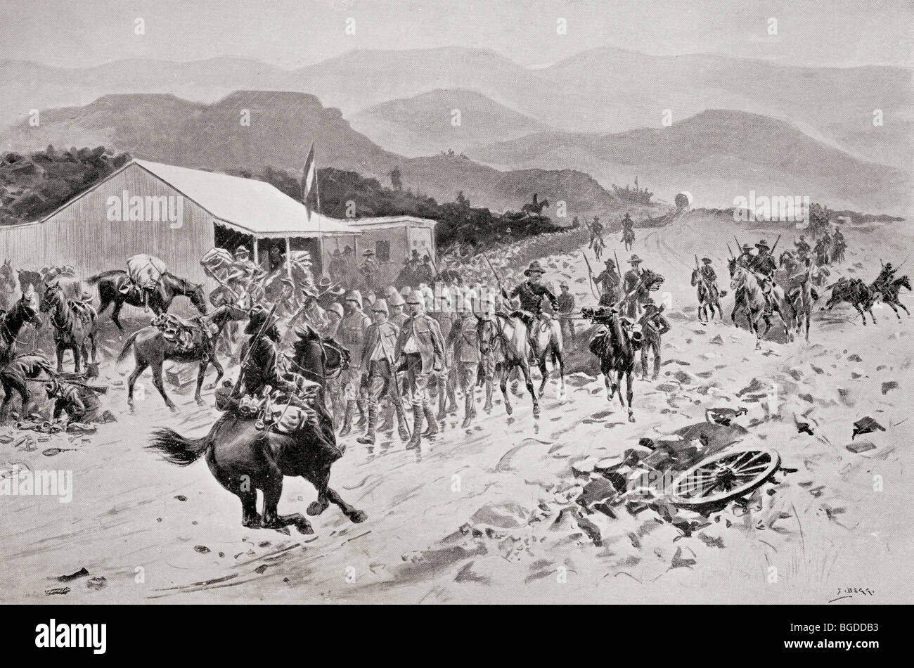 The first halt of British prisoners on their way to a prison camp in Pretoria, South Africa, during the second Boer War. Stock Photo