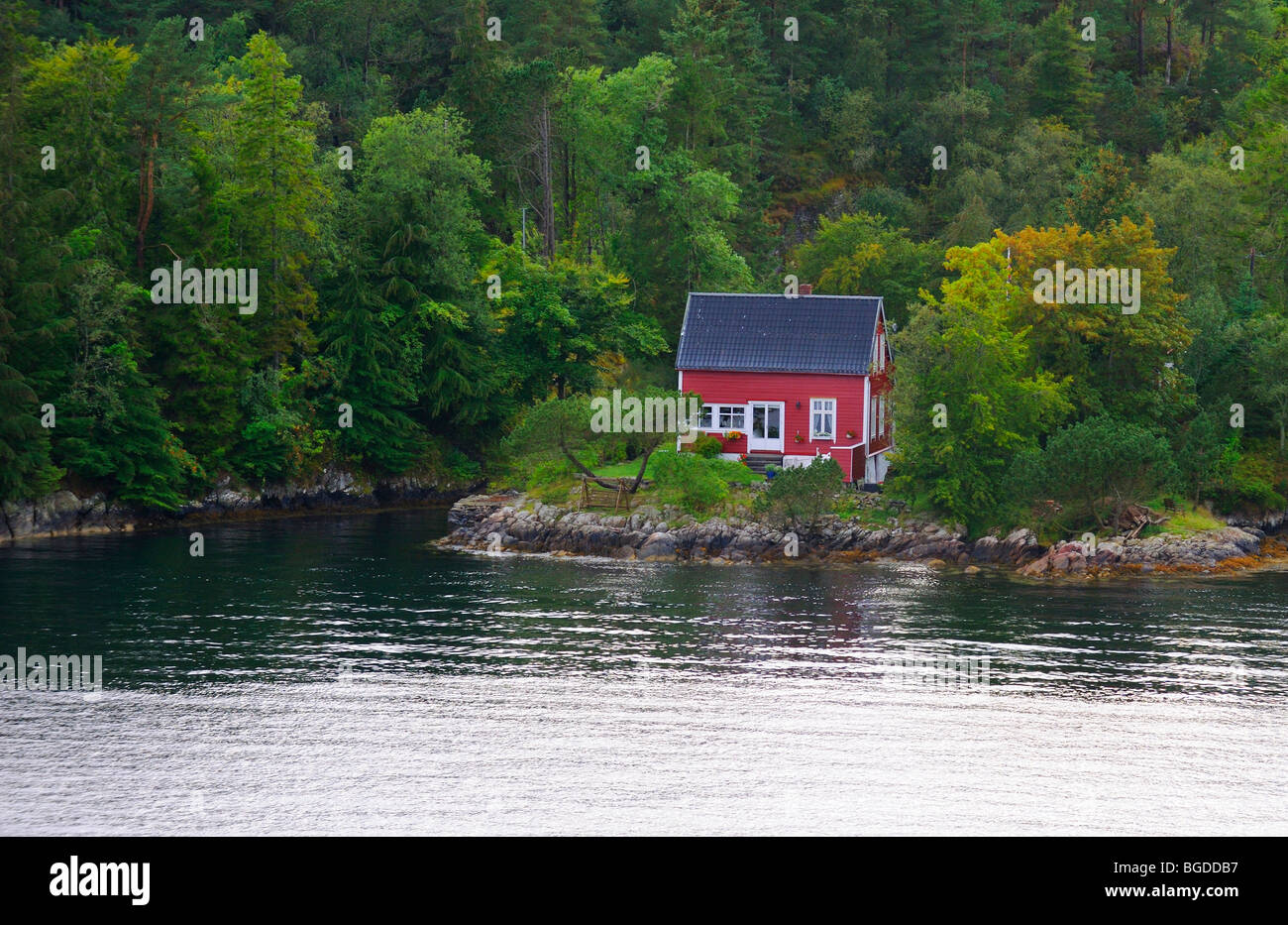 A typical Norwegian wooden house on the coast off Bergen, Norway, Scandinavia, Northern Europe Stock Photo