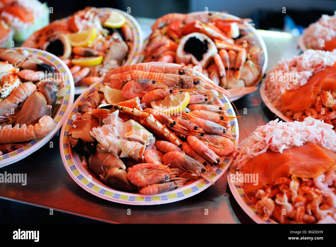 Fish plates readytoreat on the fish market in Bergen, Norway