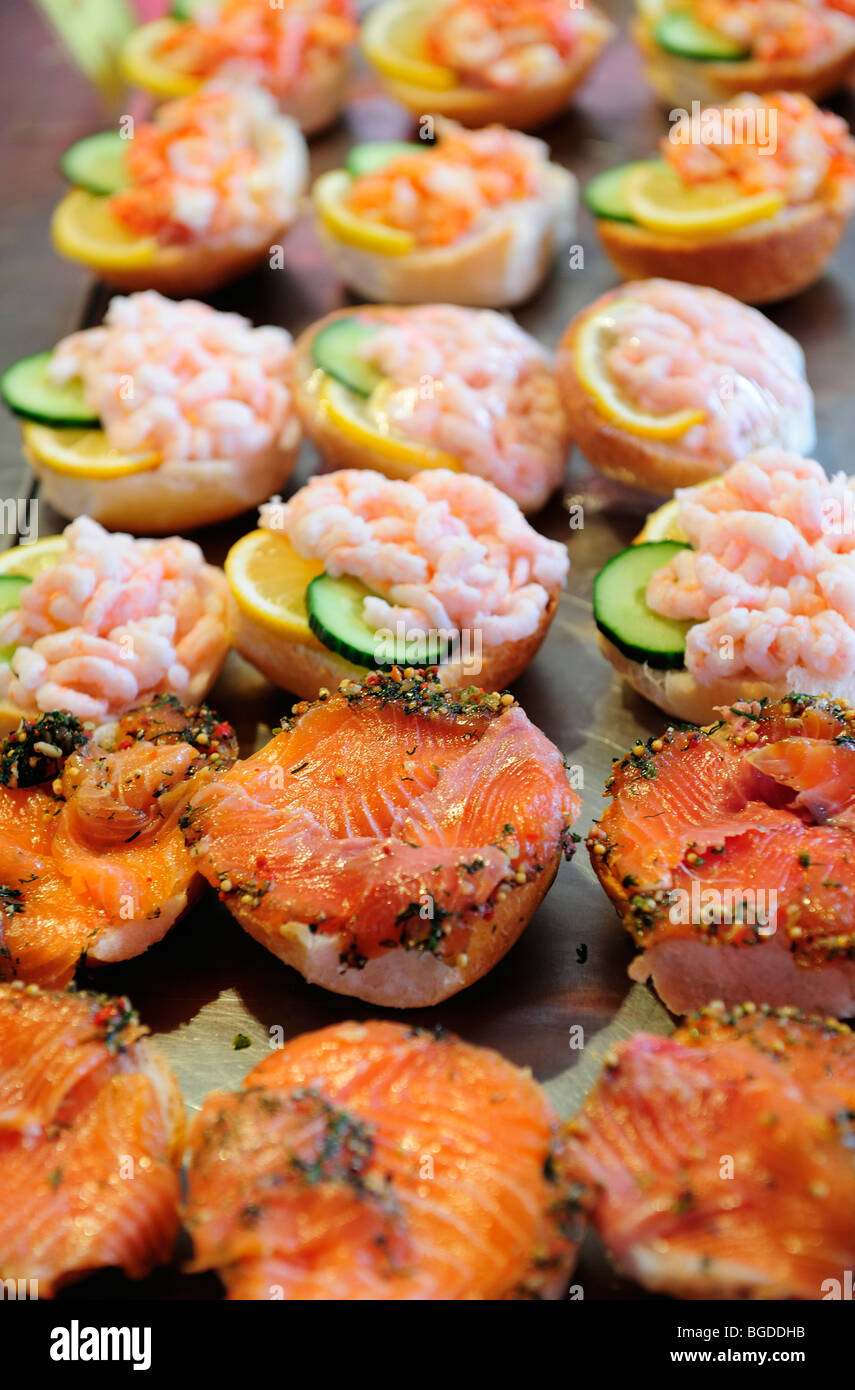 Salmon and shrimp sandwiches at the fish market in Bergen, Norway, Scandinavia, Northern Europe Stock Photo