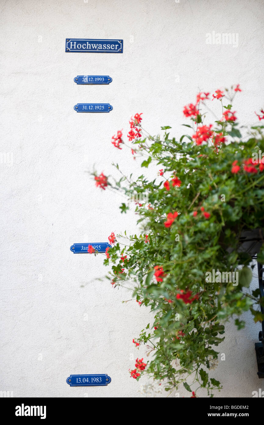 Flood water indicator in Beilstein an der Mosel, Rhineland-Palatinate, Germany, Europe Stock Photo