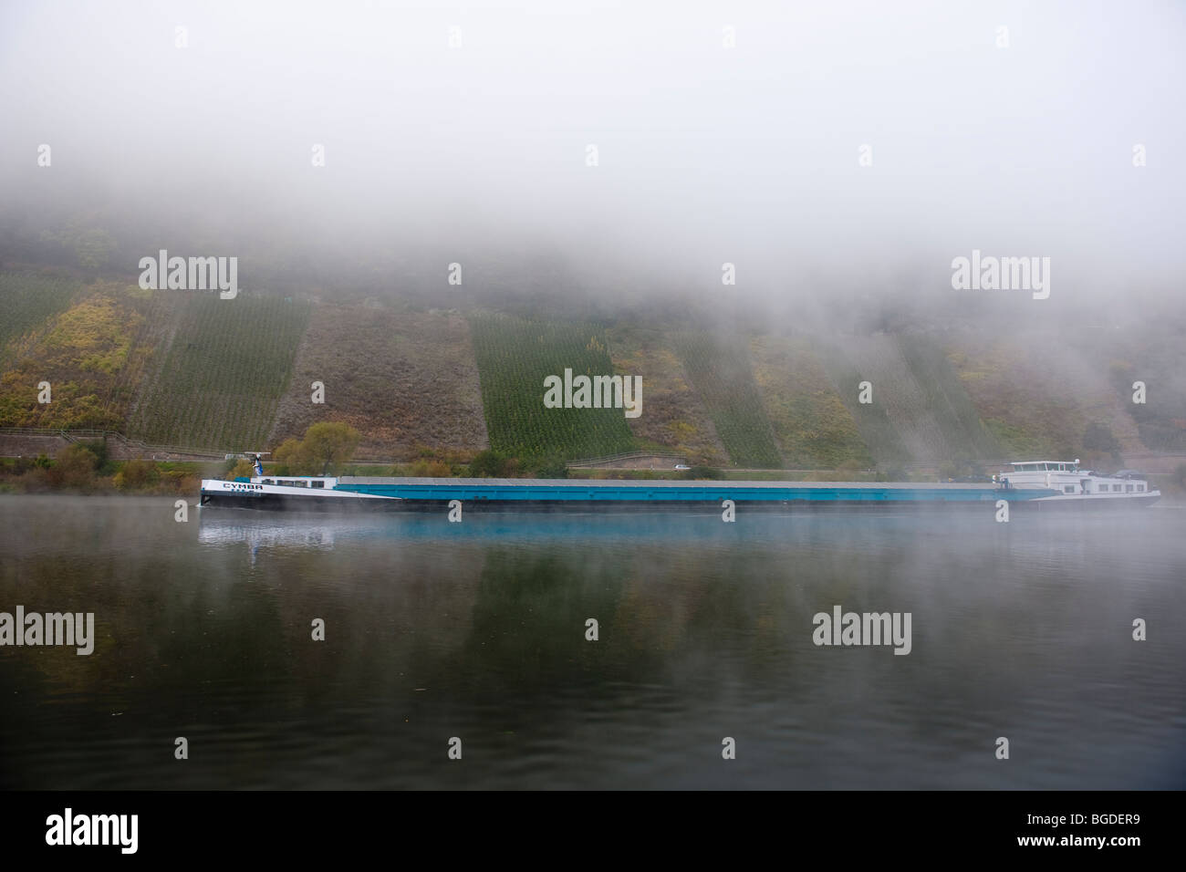 Barge on the Moselle river with morning fog, Neumagen-Dhron, Rhineland-Palatinate, Germany, Europe Stock Photo