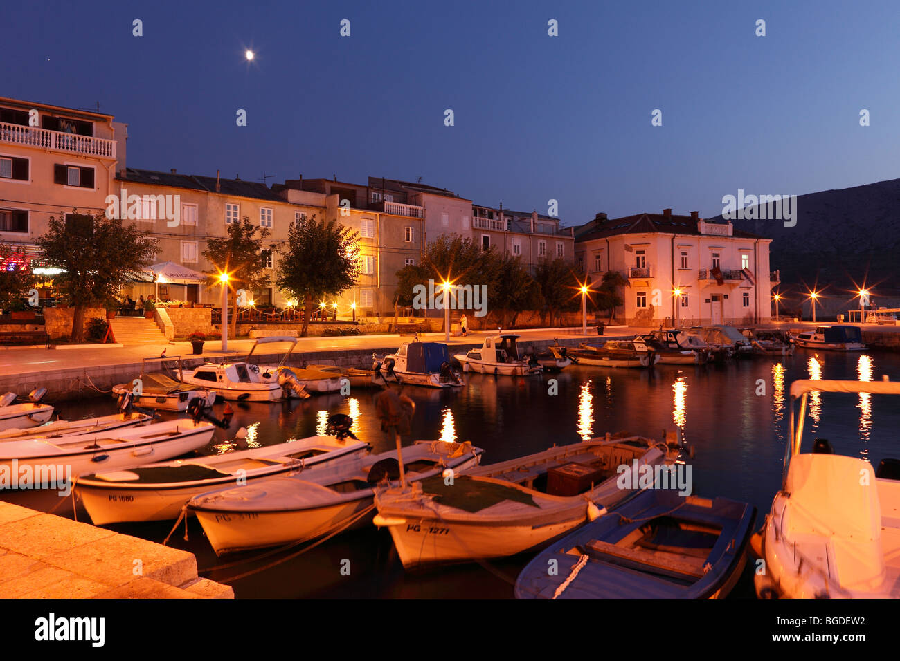 Boat harbor in Pag, Pag island, Dalmatia, Adriatic Sea, Croatia, Europe Stock Photo