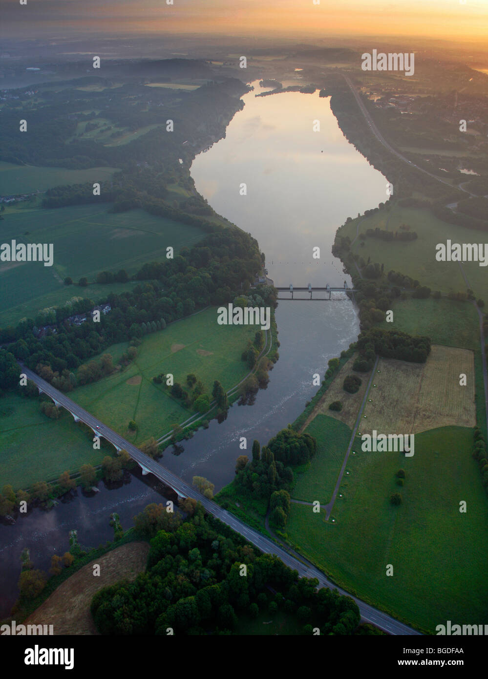 Aerial photo, Ruhr river, Stiepel, Kemnader Stausee reservoir, Ruhr river valley, sunrise, Witten, Ruhrgebiet area, North Rhine Stock Photo