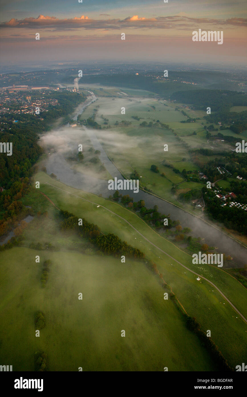 Aerial photo, morning fog, Ruhr river, Stiepel, Kaempen, Witten, Ruhrgebiet area, North Rhine-Westphalia, Germany, Europe Stock Photo