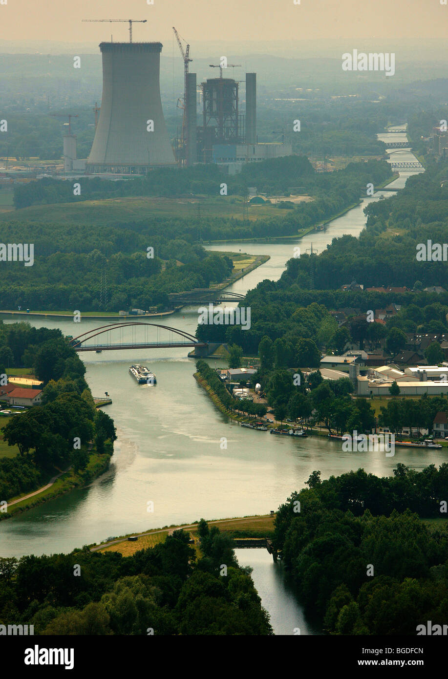 Aerial photo, canal junction, inland water transport, Dattelner Meer, Dortmund-Ems canal, Kraftwerk EON4 power station, Datteln Stock Photo