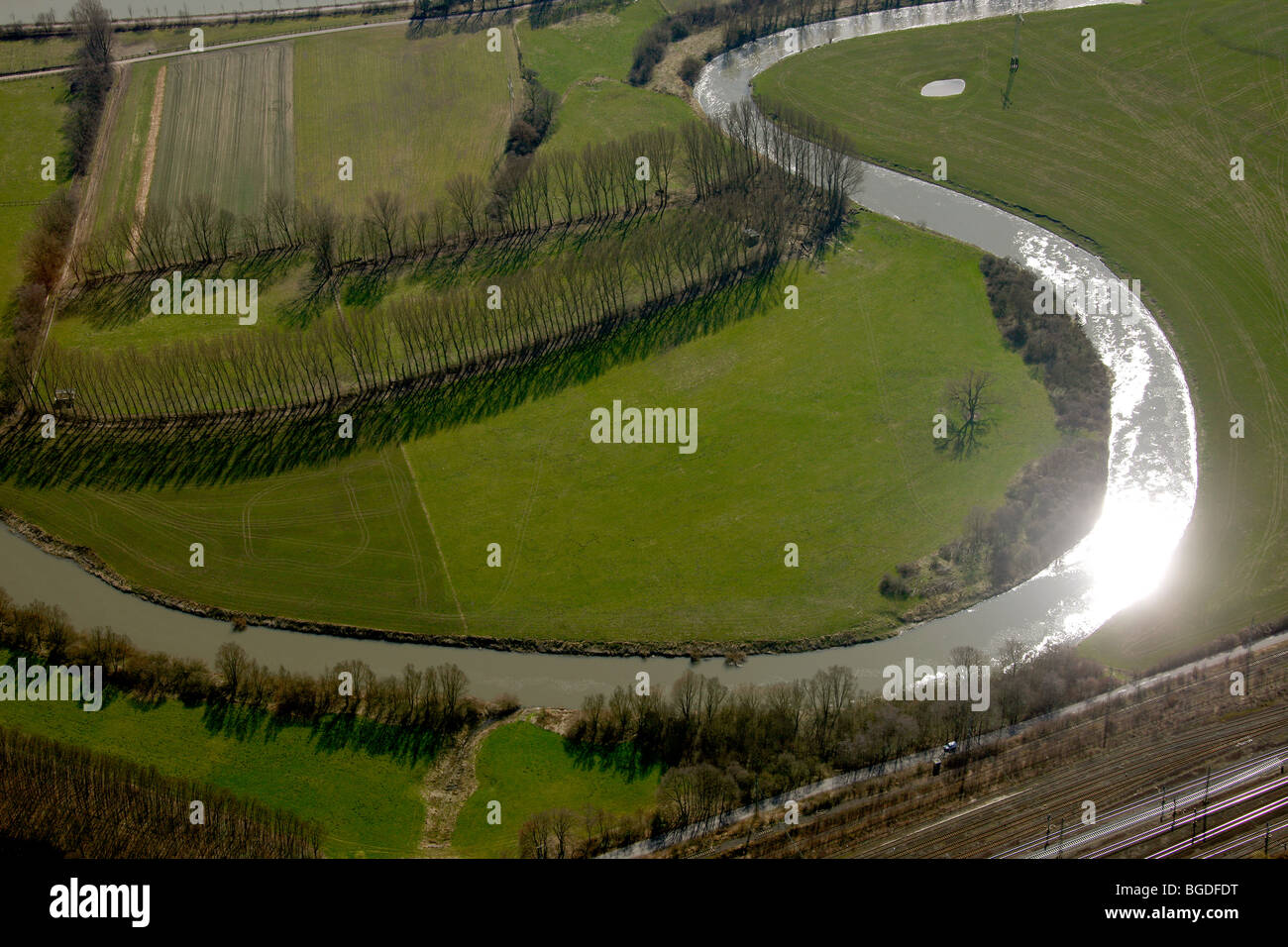 Aerial photo, floodplain of the Lippe river, sun reflection, holders, Muensterland area, Ruhrgebiet region, North Rhine-Westpha Stock Photo