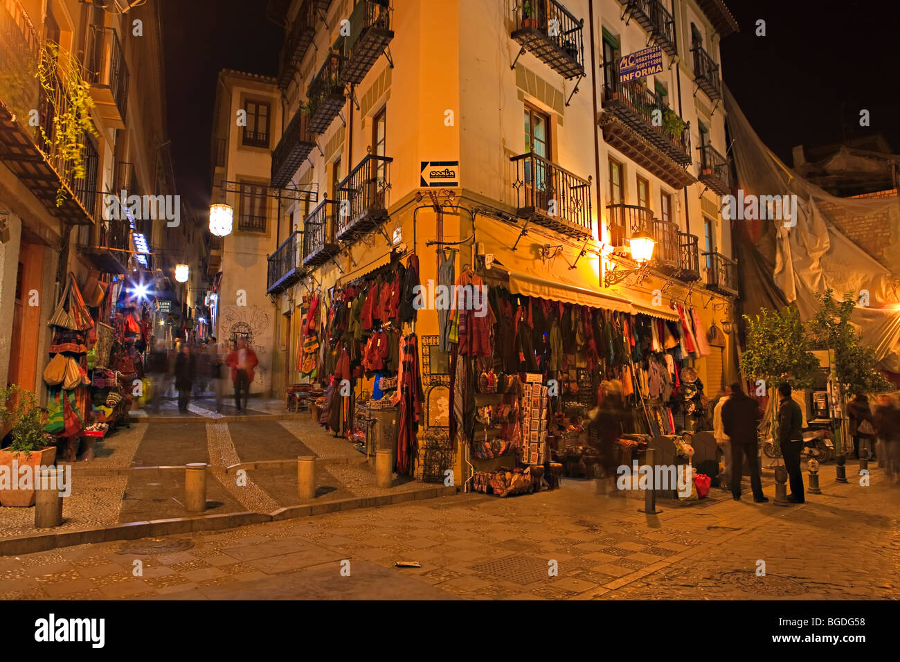 Souvenir Shops lining Calle Caldereria Nueva at night in the City of Granada, Province of Granada, Andalusia (Andalucia), Spain, Stock Photo