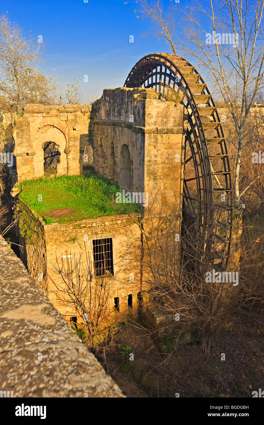 Molino de la Albolafia, a large Islamic water wheel on the Rio Guadalquivir (River), City of Cordoba, UNESCO World Heritage Site Stock Photo