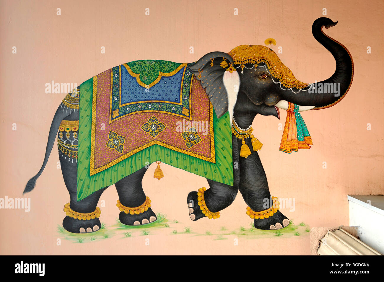 Mural of a decorated elephant, Jaipur, Rajasthan, North India, India
