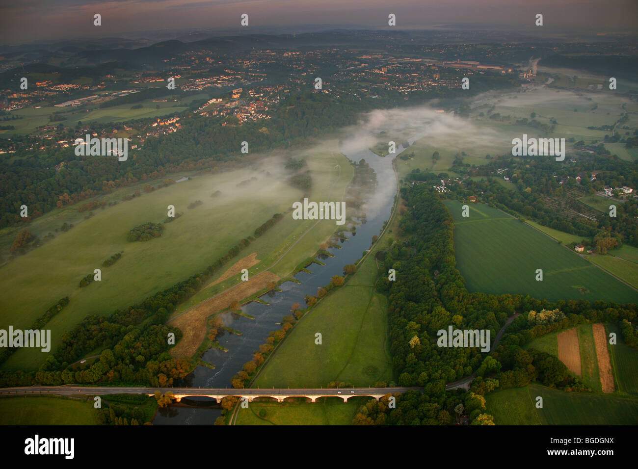 Aerial photo, Ruhr river, Stiepel, Kemnader Stausee reservoir, Ruhr river valley, sunrise, Witten, Ruhrgebiet area, North Rhine Stock Photo