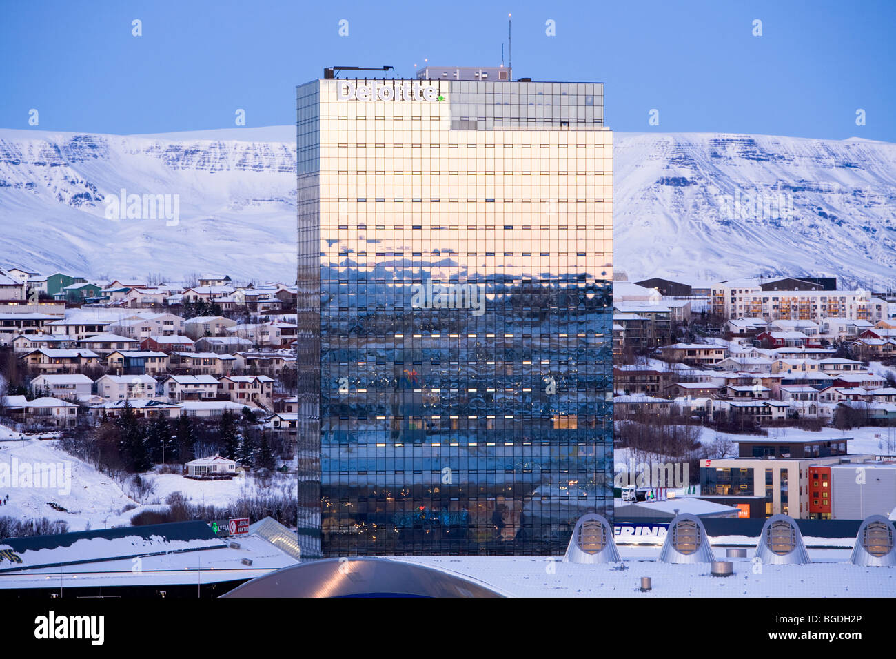 'Turninn' office building with Deloitte headquarters in Iceland. Kopavogur, Greater Reykjavik area, Iceland. Stock Photo