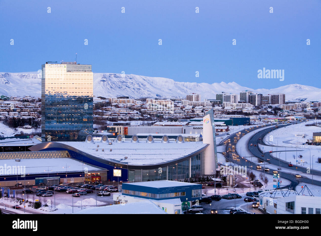 'Smaralind' shopping center and 'Turninn' office building with Deloitte headquarters. Kopavogur, Greater Reykjavik area, Iceland Stock Photo