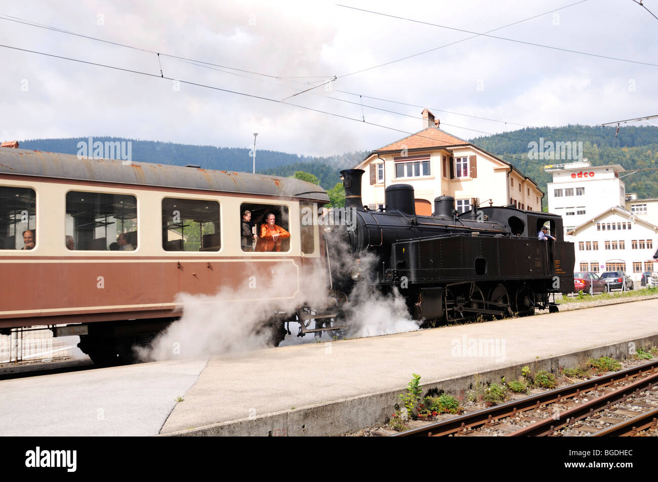 Steam locomotive in Couvet, Canton Vaud, Switzerland, Europe Stock Photo