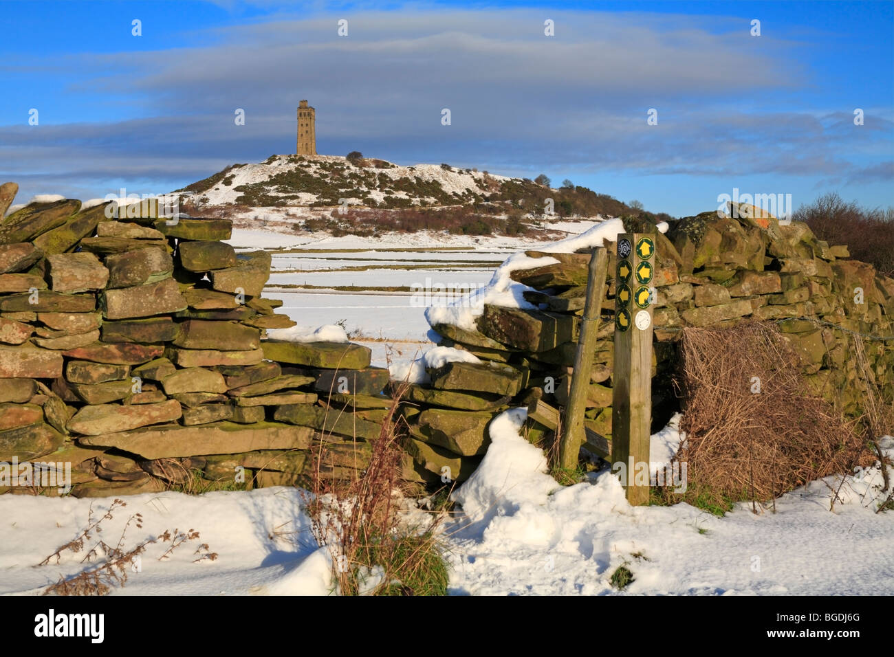 snow covered fields below Jubilee Tower, Castle Hill, Huddersfield, West Yorkshire, England, UK. Stock Photo