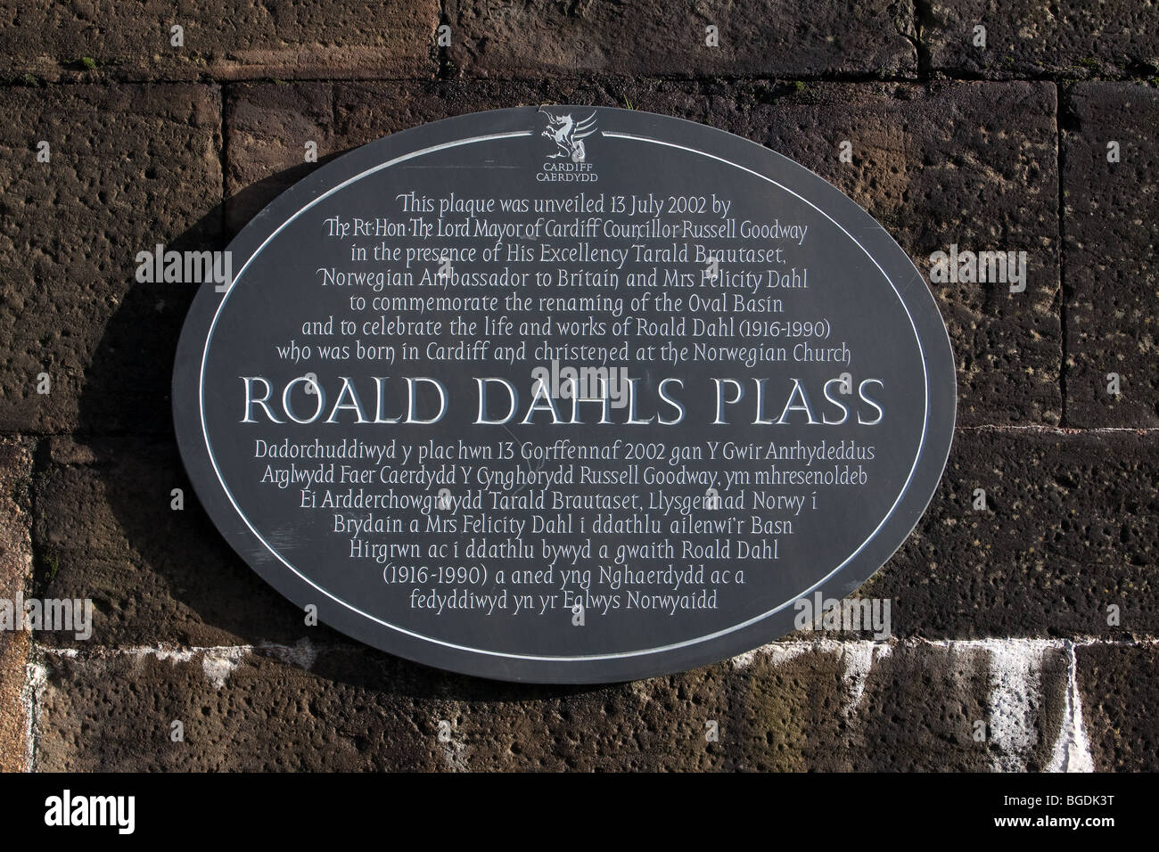 Plaque at Roald Dahls Plass Cardiff Bay Wales Stock Photo