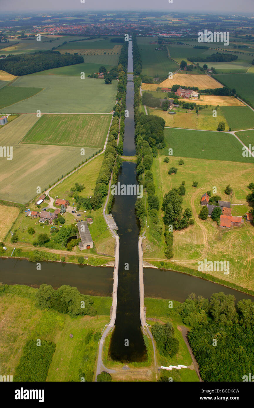 Aerial photo, inland water transport, Lippe river, Alte Fahrt canal between Olfen and Datteln, Ruhrgebiet region, North Rhine-W Stock Photo