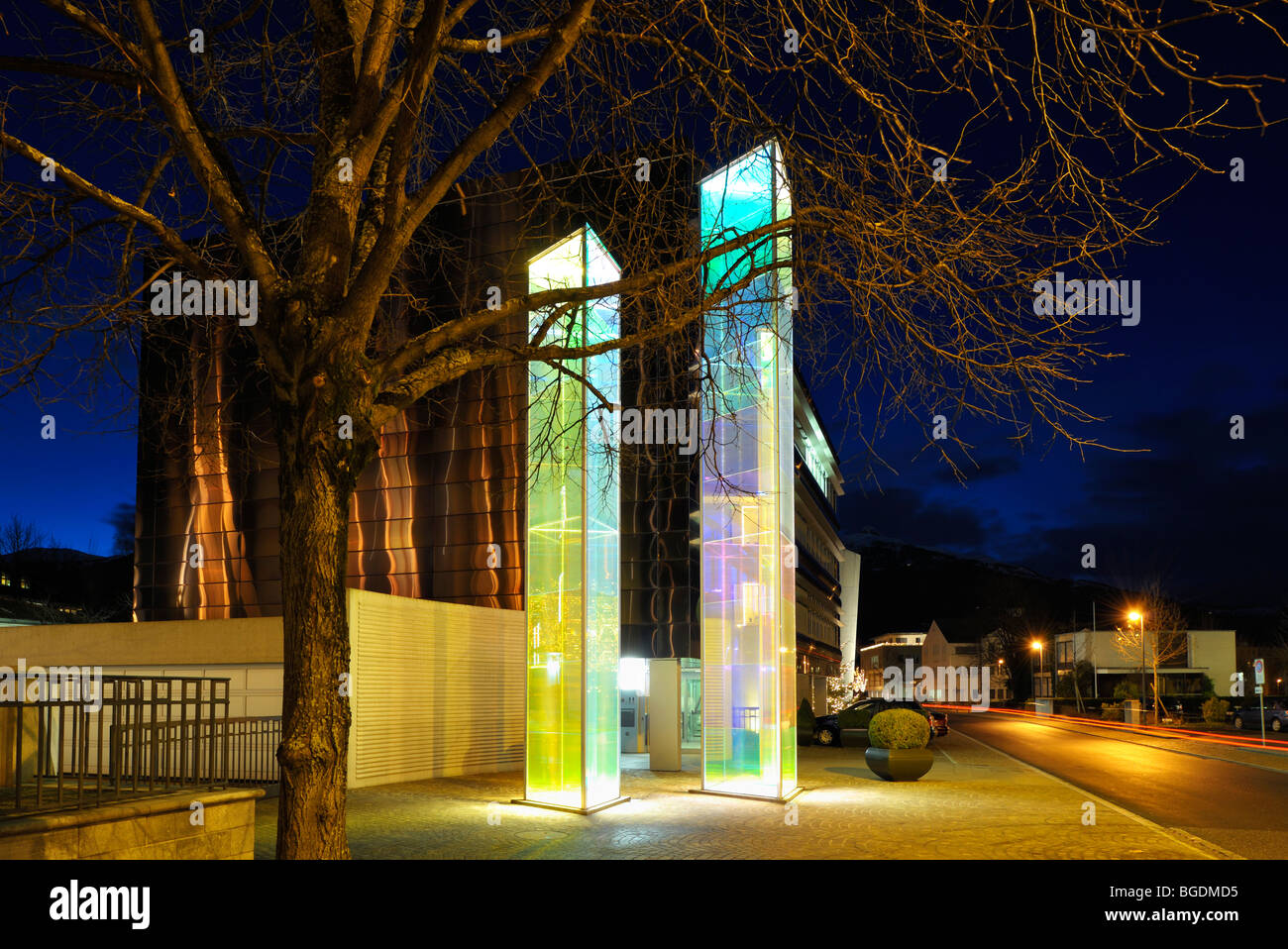 Two Light Prisms of Hans Mack in front of Syncoma Building Stock Photo