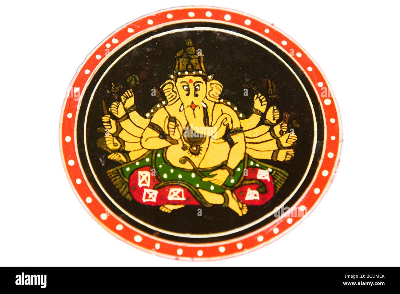 A round hand-painted Ganjifa card represents the Hindu god Ganesha. Stock Photo