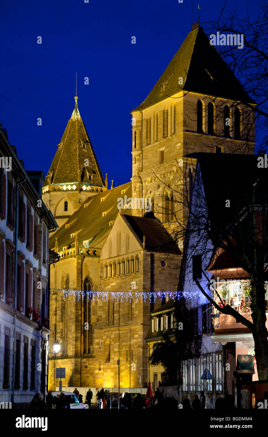 View down street to saint Thomas church at Christmas, Strasbourg, France Stock Photo