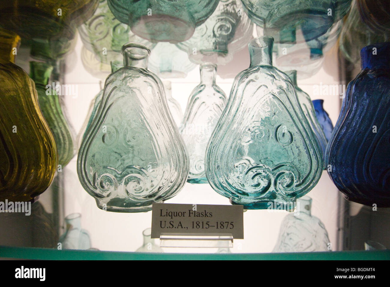 Antique bottles diplay at the Corning Museum of Glass in Corning, New