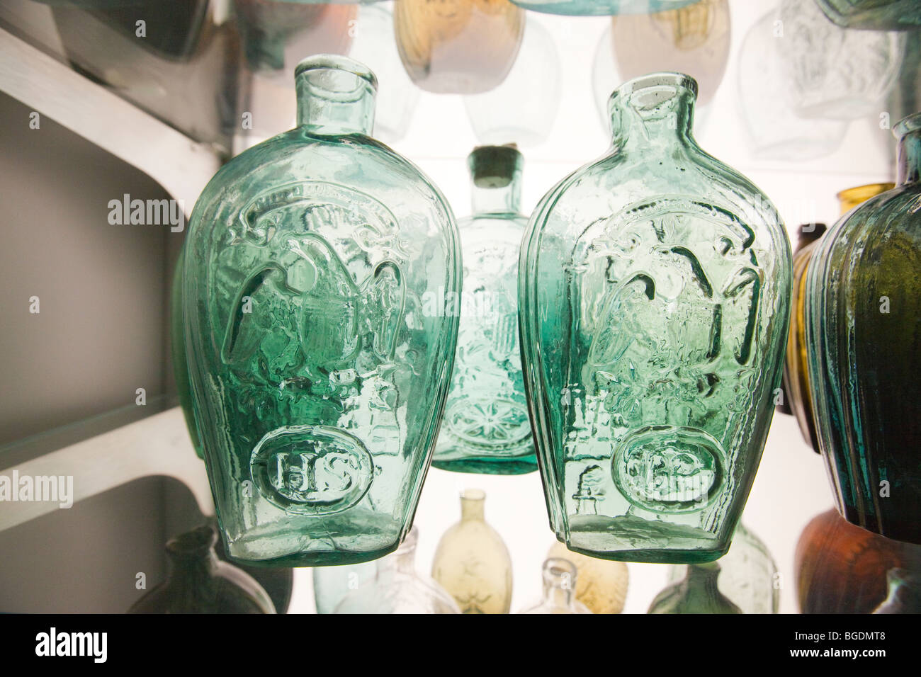 Antique bottles diplay at the Corning Museum of Glass in Corning, New