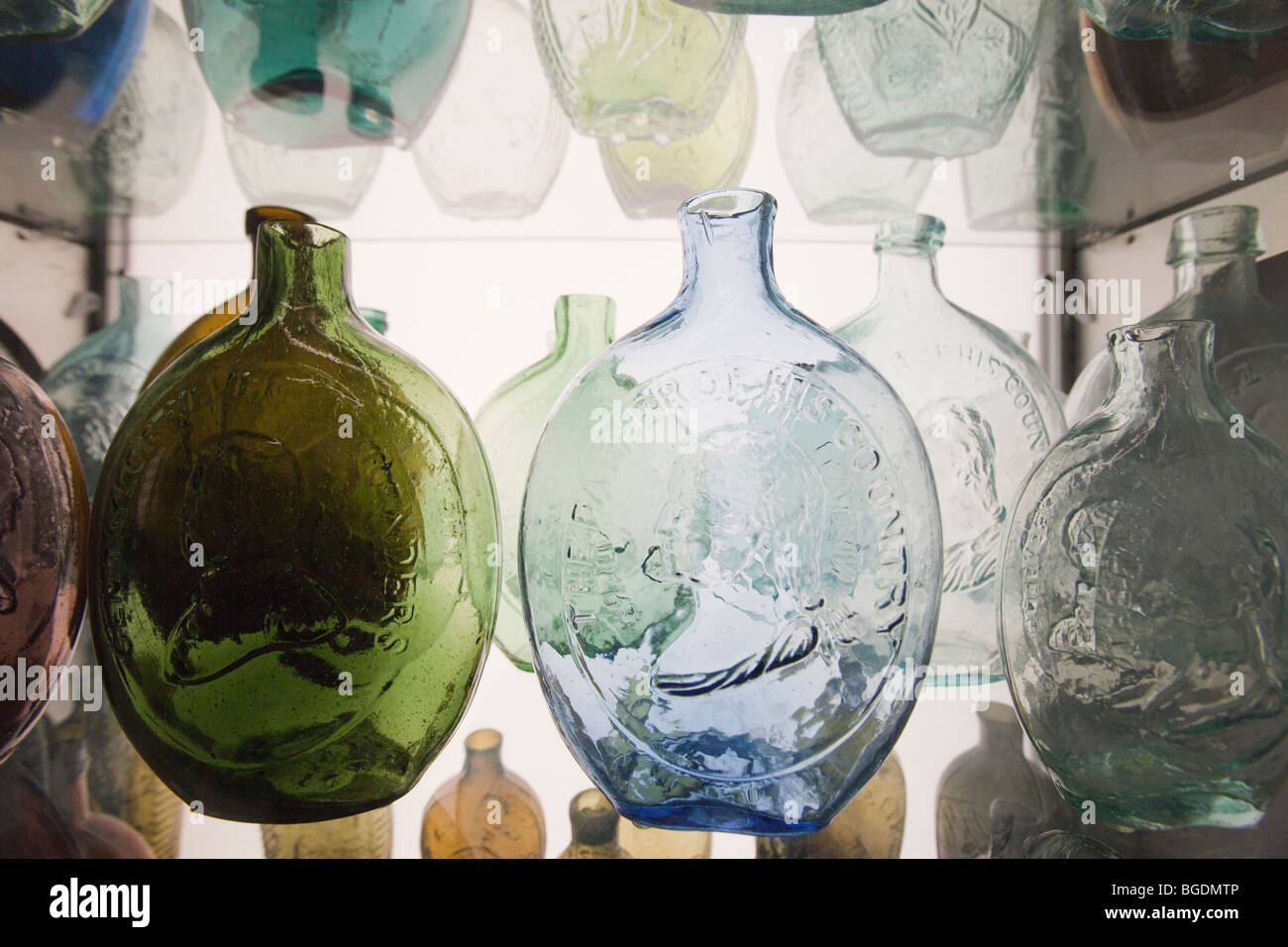 Antique bottles diplay at the Corning Museum of Glass in Corning, New