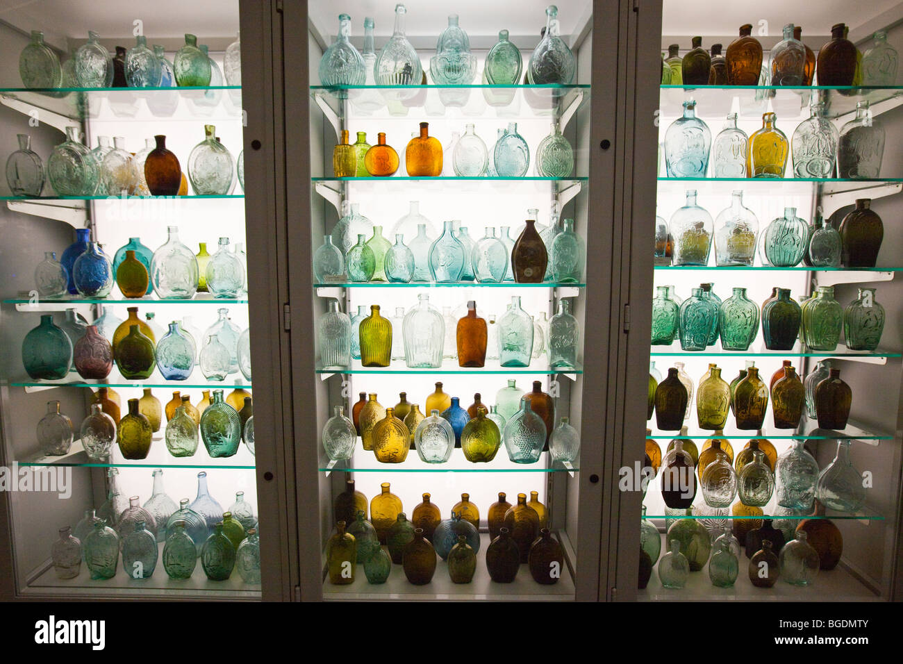 Antique bottles diplay at the Corning Museum of Glass in Corning, New