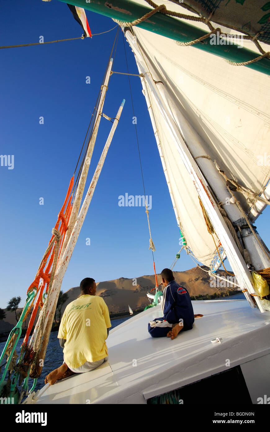 ASWAN, EGYPT. Sailing on a felucca on the Nile. 2009. Stock Photo