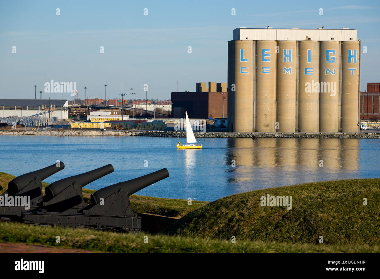 View of cannon and harbor from Fort McHenry, Baltimore, Maryland Stock Photo
