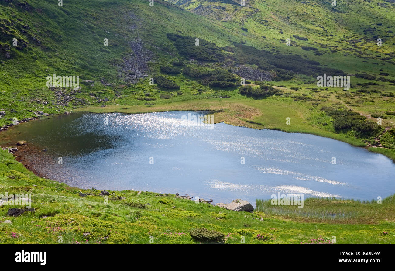 Patch of sunlight on Alpine lake Nesamovyte surface (Ukraine, summer mountain Chornogora Ridge, Carpathian Mountains) Stock Photo