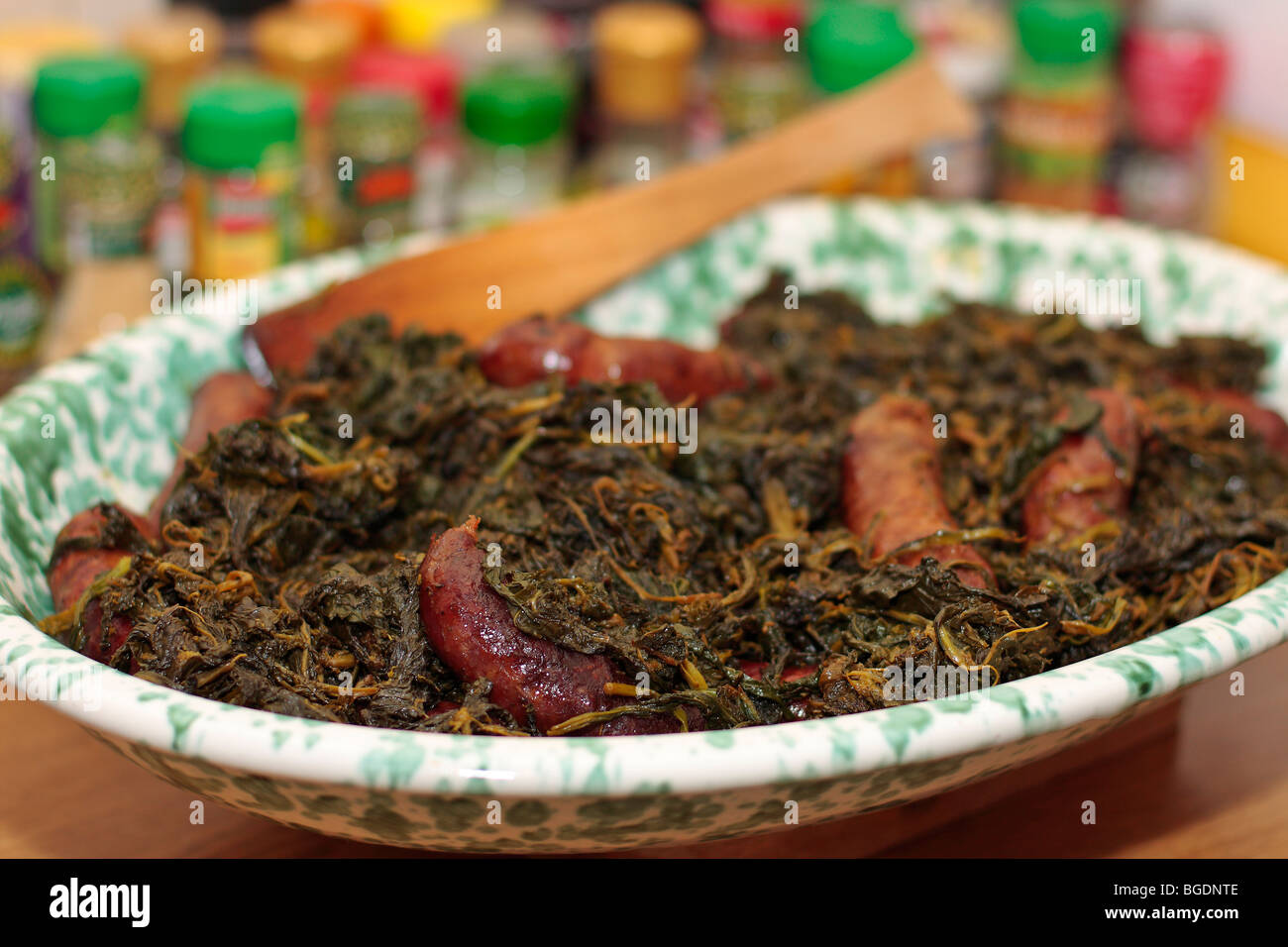 Sausages and Leafy vegetables Stock Photo Alamy